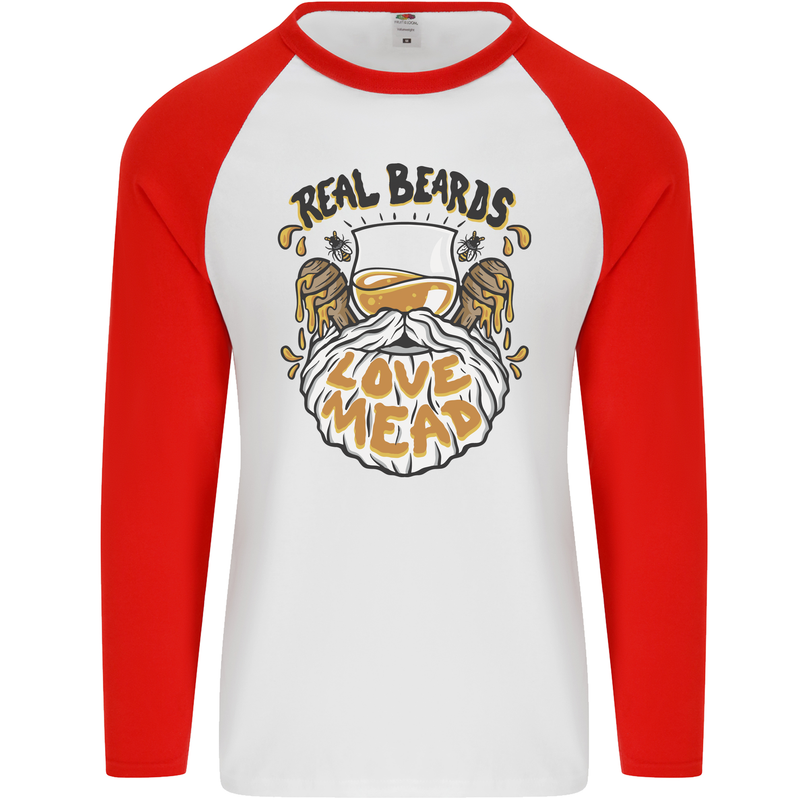 Real Beards Love Mead Funny Beer Alcohol Mens L/S Baseball T-Shirt White/Red