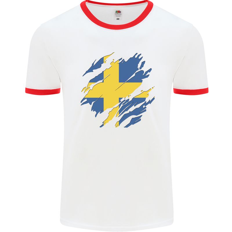 Torn Swedish Flag Sweden Day Football Mens Ringer T-Shirt White/Red