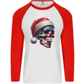 USA Christmas Skull Xmas American Flag Biker Mens L/S Baseball T-Shirt White/Red