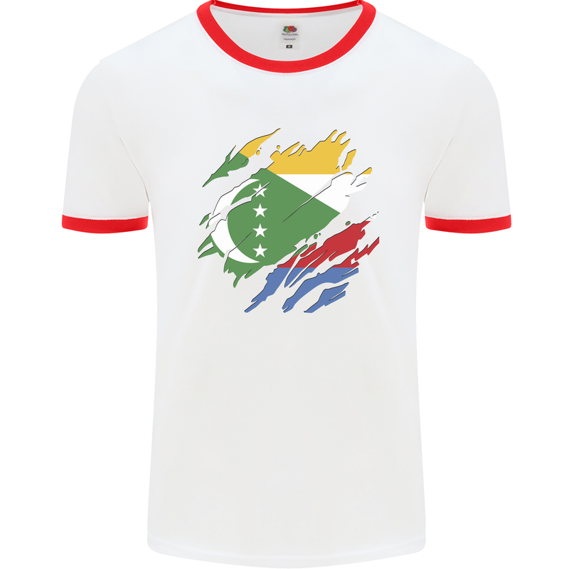 Torn Comoros Flag Comorian Day Football Mens Ringer T-Shirt White/Red