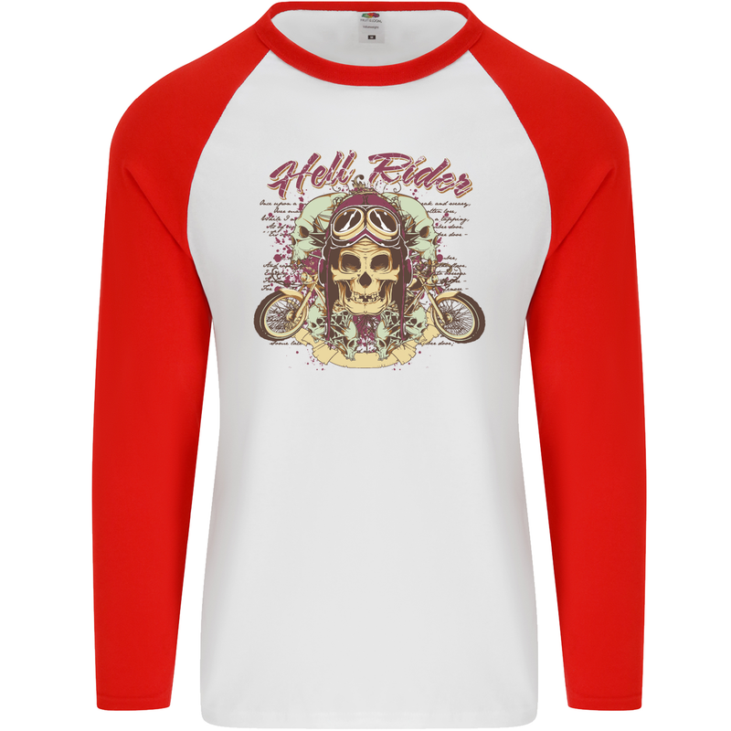 Hell Riders Motorcycle Motorbike Biker Mens L/S Baseball T-Shirt White/Red