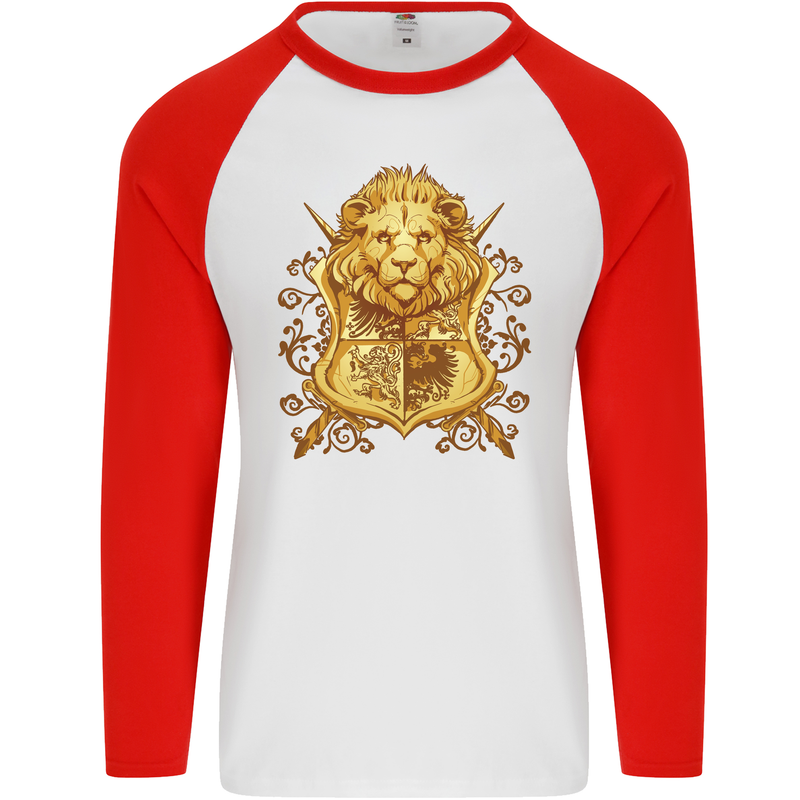 A Heraldic Lion Coat of Arms Shield Mens L/S Baseball T-Shirt White/Red