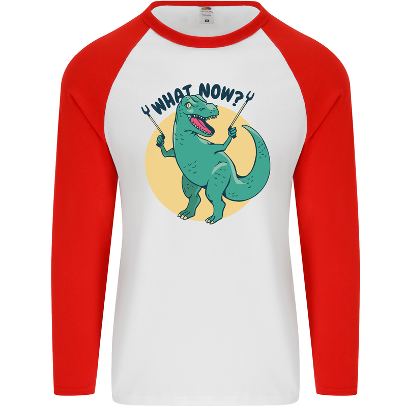 T-Rex What Now Funny Dinosaur Mens L/S Baseball T-Shirt White/Red