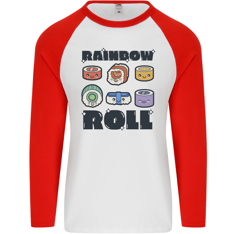 Kawaii Sushi Rainbow Roll Fish Mens L/S Baseball T-Shirt White/Red