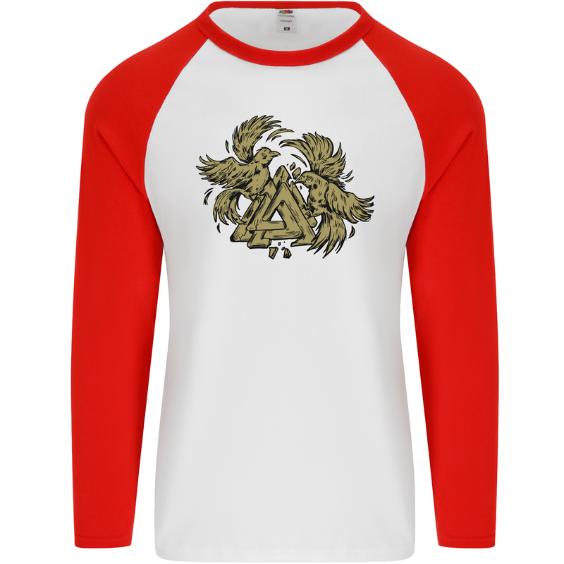 Valknut Symbol With Ravens Vikings Mens L/S Baseball T-Shirt White/Red
