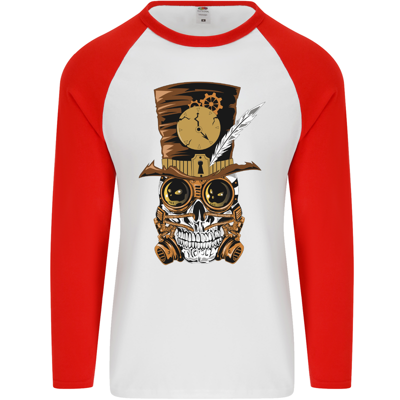 Steampunk Skull Mens L/S Baseball T-Shirt White/Red