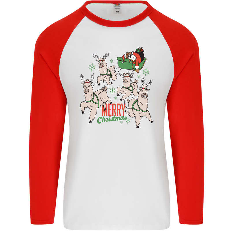 Santa & Llama Sleigh Funny Christmas Xmas Mens L/S Baseball T-Shirt White/Red