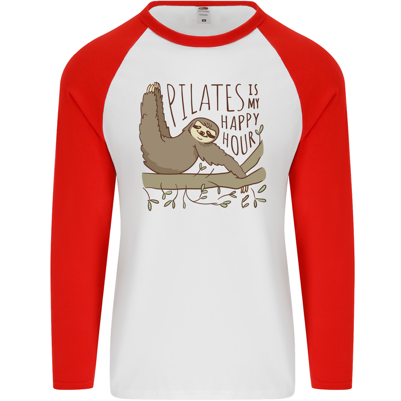 Pilates My Happy Hour Funny Yoga Sloth Mens L/S Baseball T-Shirt White/Red