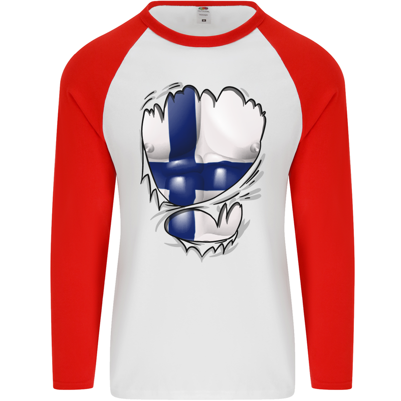 Gym Finnish Flag Ripped Muscles Finland Mens L/S Baseball T-Shirt White/Red