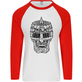Medieval Skull Helmet Mens L/S Baseball T-Shirt White/Red