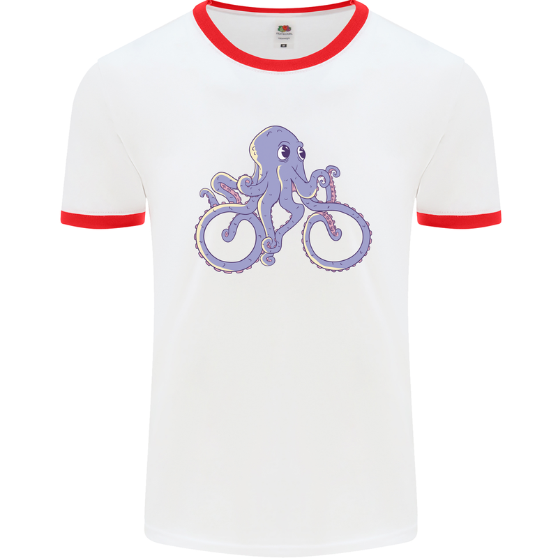 A Cycling Octopus Funny Cyclist Bicycle Mens Ringer T-Shirt White/Red