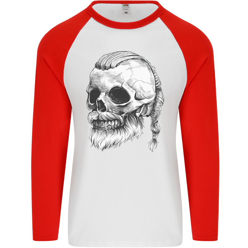 A Viking Skull Mens L/S Baseball T-Shirt White/Red