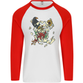 Broken Skull With Roses & Raven Mens L/S Baseball T-Shirt White/Red