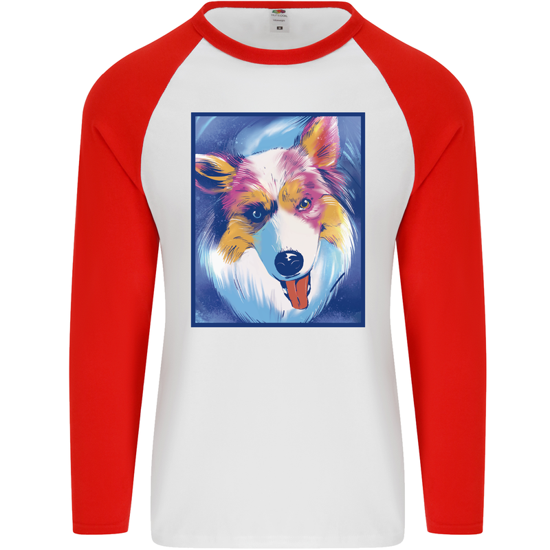 Abstract Australian Shepherd Dog Mens L/S Baseball T-Shirt White/Red