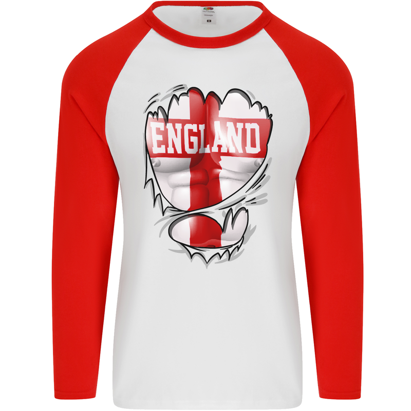 Gym St. George's Cross English Flag England Mens L/S Baseball T-Shirt White/Red