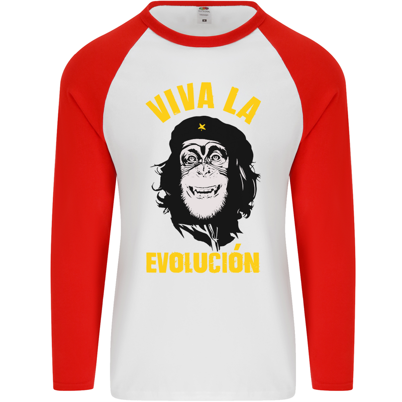 Funny Che Guevara Evolution Monkey Atheist Mens L/S Baseball T-Shirt White/Red