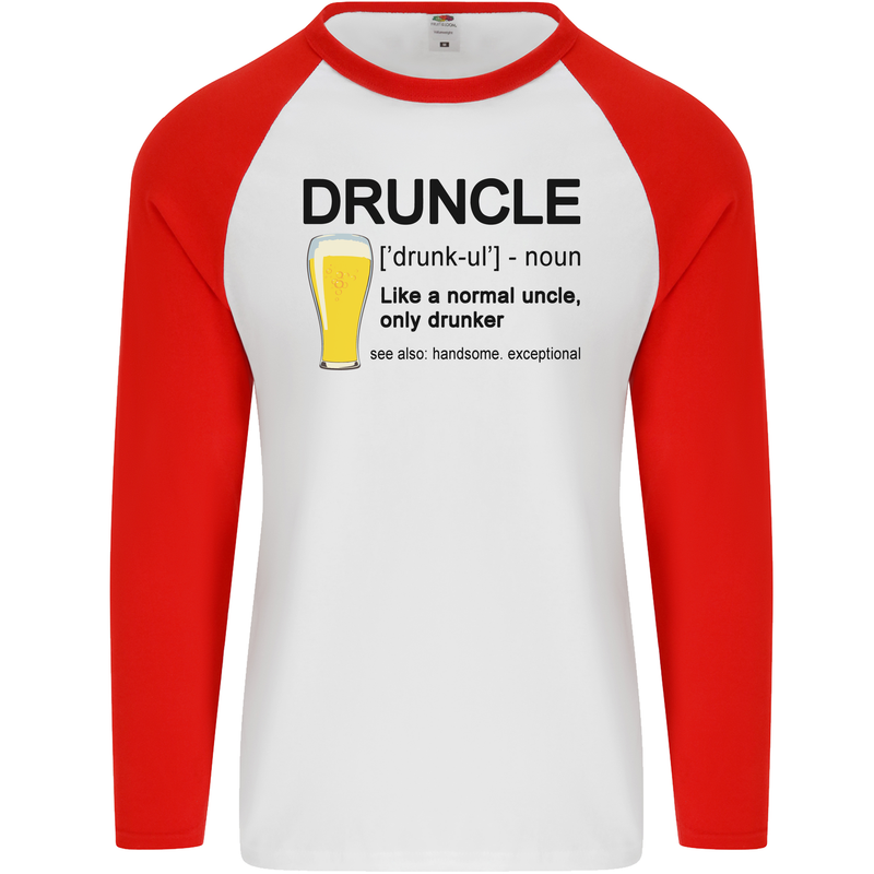 Druncle Uncle Funny Beer Alcohol Day Mens L/S Baseball T-Shirt White/Red