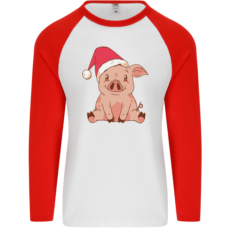 A Happy Christmas Pig Funny Xmas Mens L/S Baseball T-Shirt White/Red