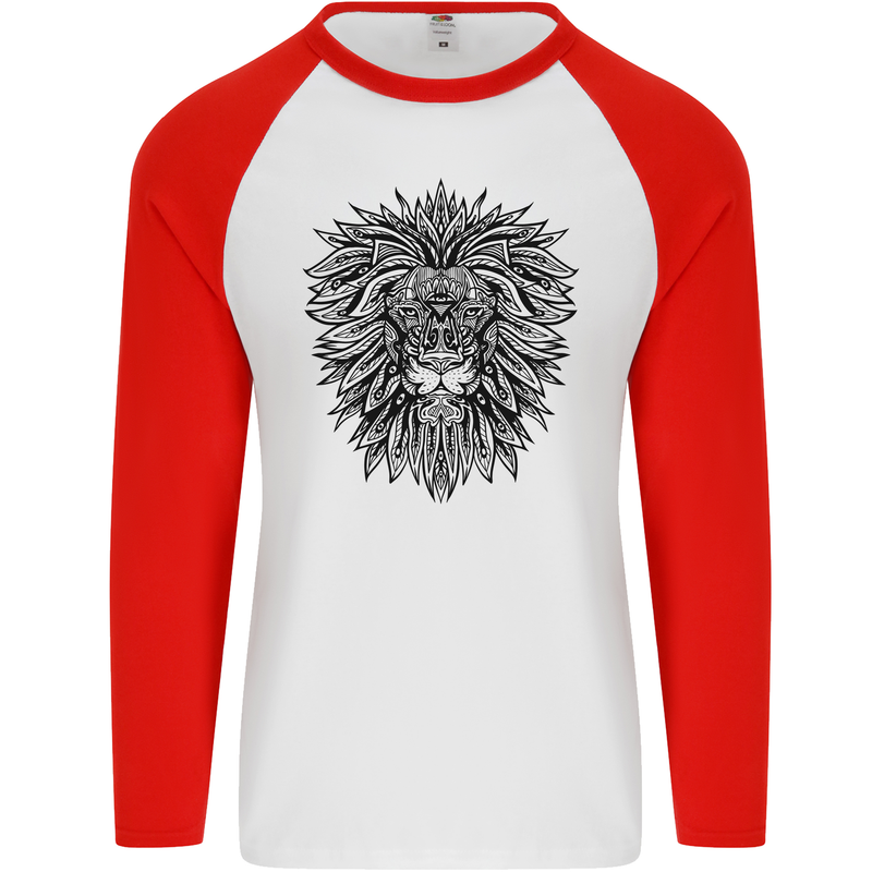 Mandala Lion Mens L/S Baseball T-Shirt White/Red