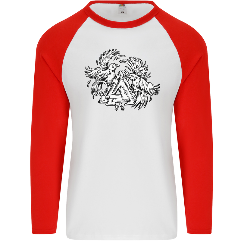 Vikings Valknut Symbol With Ravens Mens L/S Baseball T-Shirt White/Red