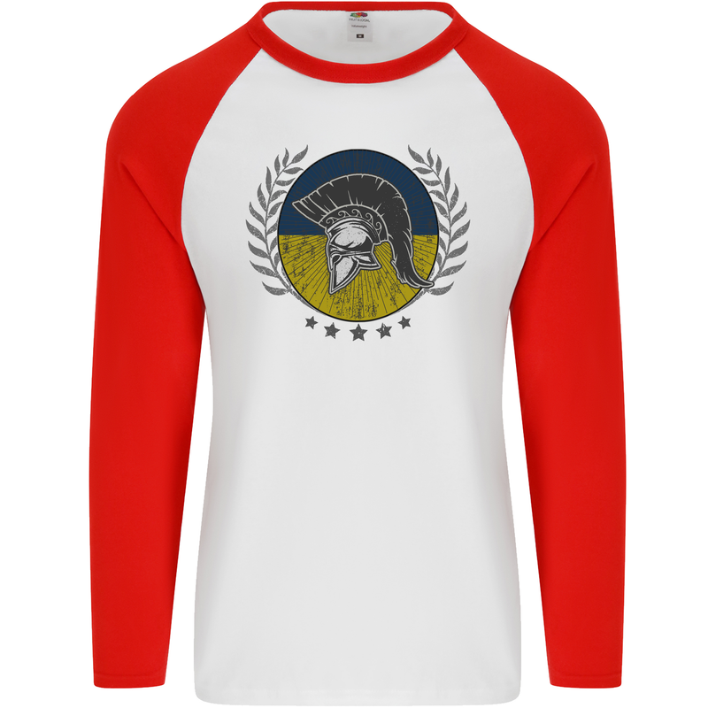 Ukraine Bodybuilding Flag Gym Training Spartan Mens L/S Baseball T-Shirt White/Red