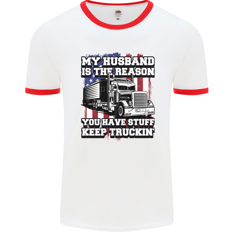 Truck Driver Funny USA Flag Lorry Driver Mens Ringer T-Shirt White/Red