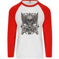 Heavy Metal Skull Rock Music Guitar Biker Mens L/S Baseball T-Shirt White/Red