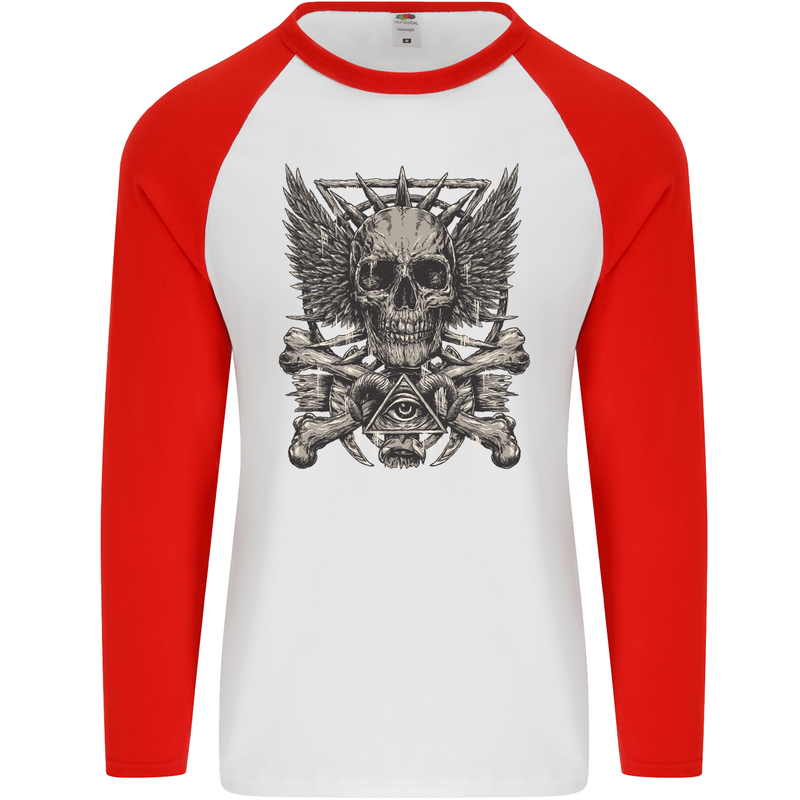 Heavy Metal Skull Rock Music Guitar Biker Mens L/S Baseball T-Shirt White/Red