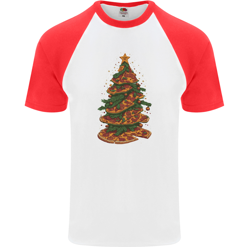 Funny Christmas Pizza Tree Xmas Food Mens S/S Baseball T-Shirt White/Red