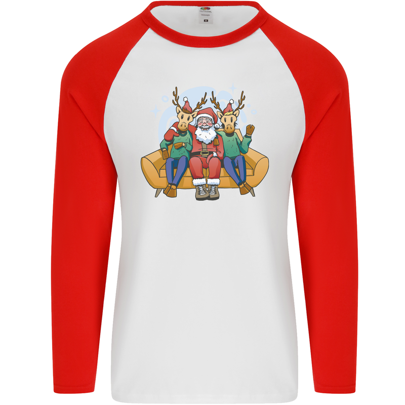 Santa Claus Chilling With Reindeers Christmas Xmas Mens L/S Baseball T-Shirt White/Red