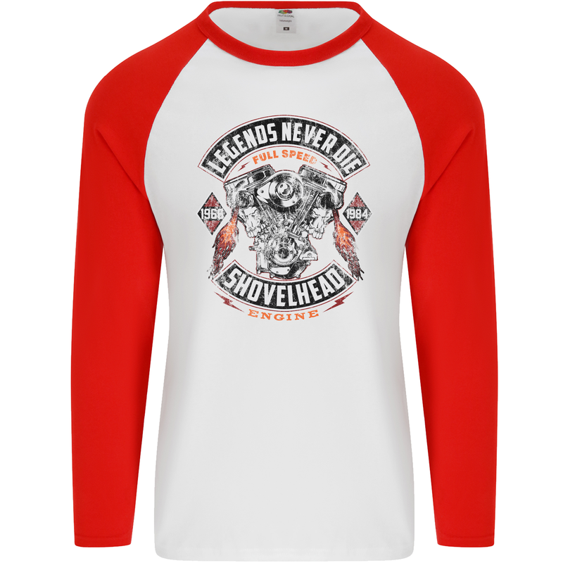 Legends Never Die Biker Motorbike Mens L/S Baseball T-Shirt White/Red