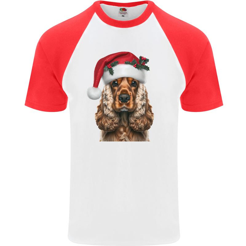 Christmas Cocker Spaniel Xmas Dog Mens S/S Baseball T-Shirt White/Red