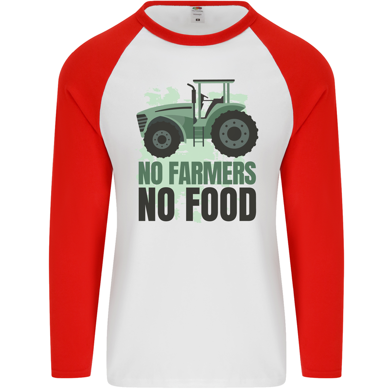 Tractor No Farmers No Food Farming Mens L/S Baseball T-Shirt White/Red