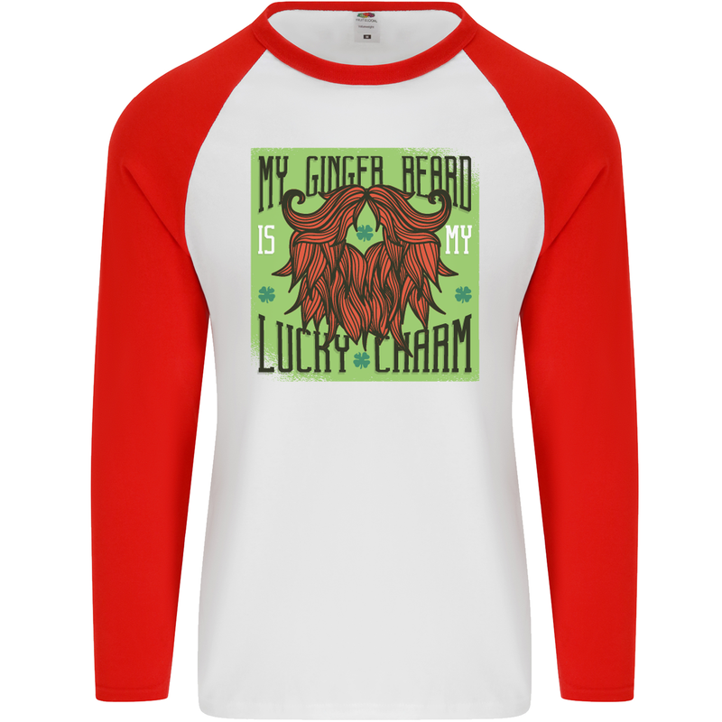 St Patricks Day Ginger Beard Lucky Charm Mens L/S Baseball T-Shirt White/Red