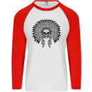 Indian Skull Headdress Biker Motorcycle Mens L/S Baseball T-Shirt White/Red