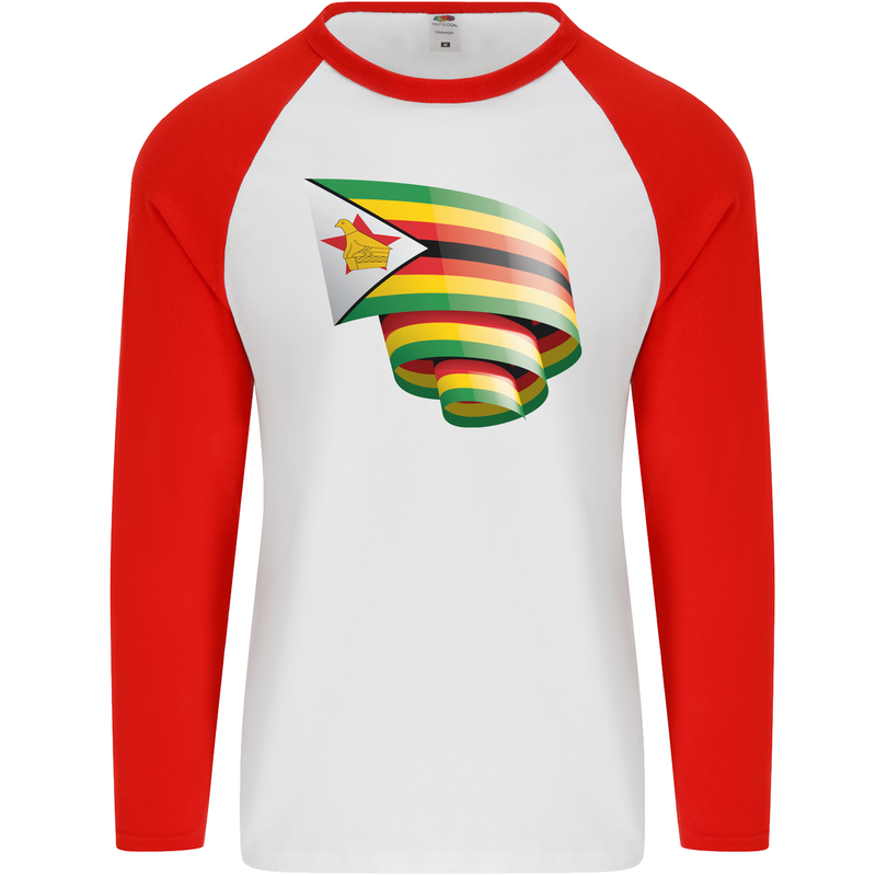Curled Zimbabwe Flag Zimbabwean Day Football Mens L/S Baseball T-Shirt White/Red