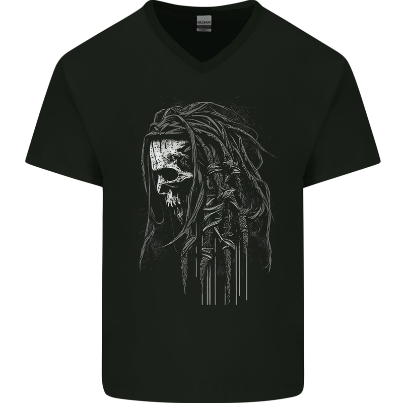 Reggae Music Skull Rastafarian Mens V-Neck Cotton T-Shirt Black