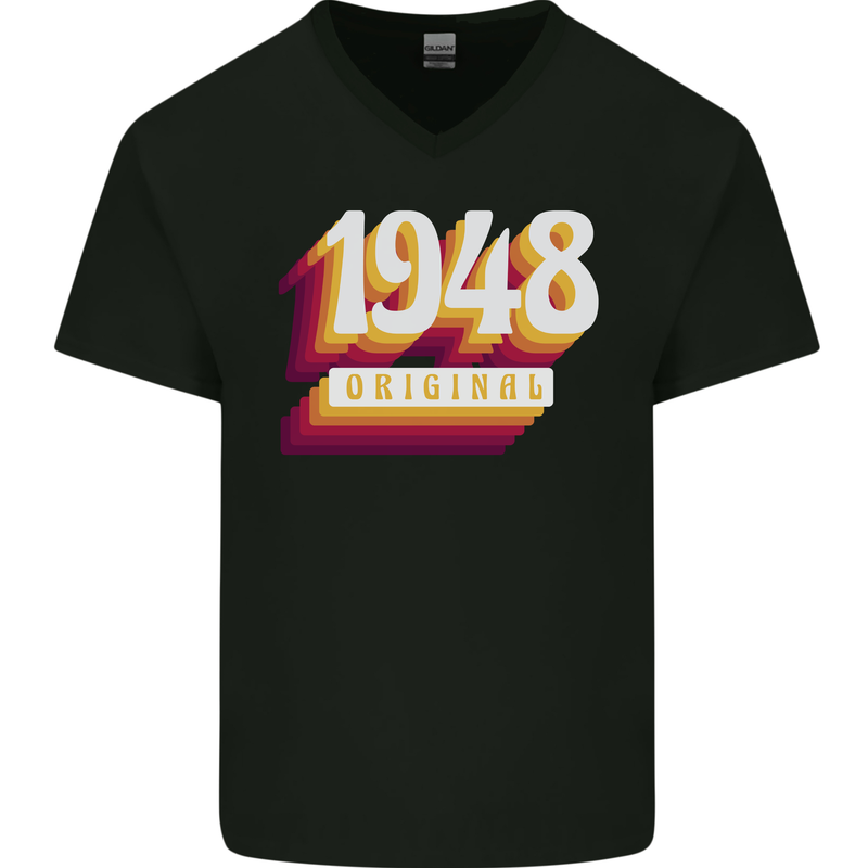 Retro 75th Birthday Original 1948 Mens V-Neck Cotton T-Shirt Black