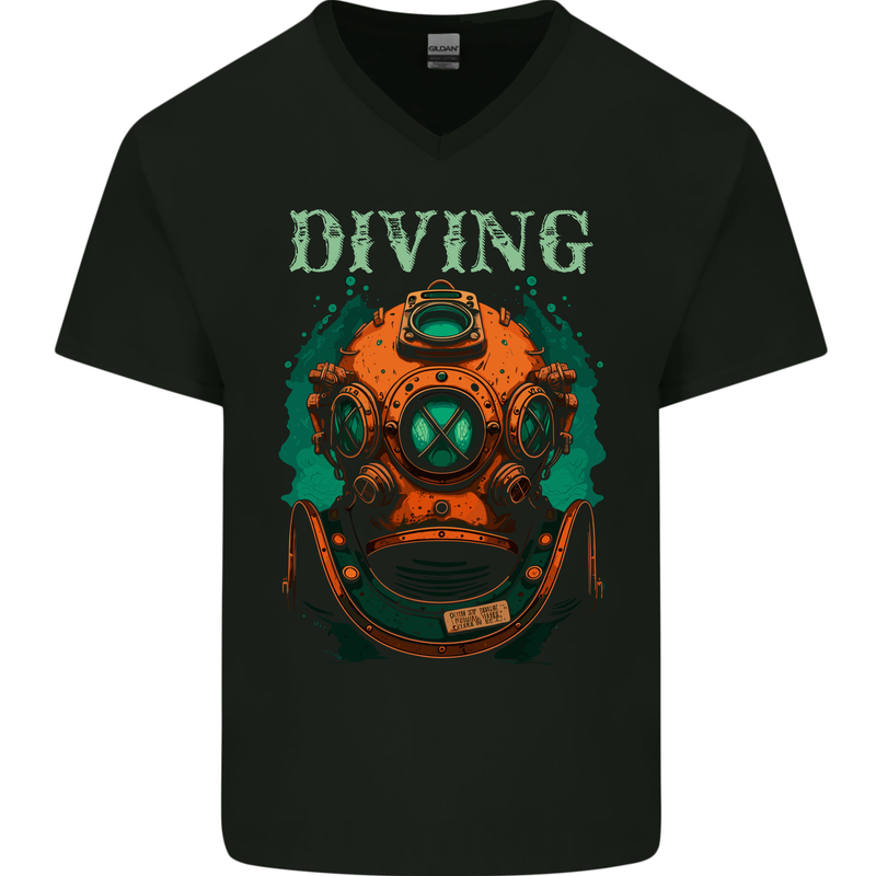 Retro Dive Helmet Scuba Diving Diver Bonnet Mens V-Neck Cotton T-Shirt Black