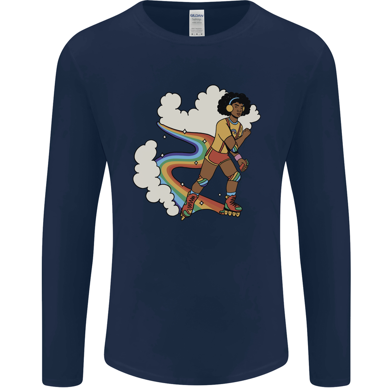 Retro Roller Blading Blades Inline Skating LGBT Mens Long Sleeve T-Shirt Navy Blue