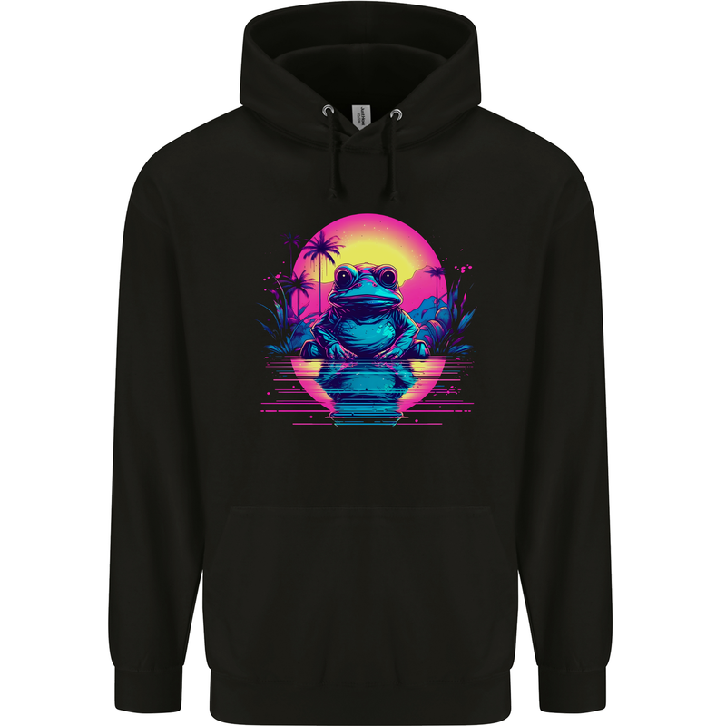 Retrowave Frog in a Sunset Mens 80% Cotton Hoodie Black
