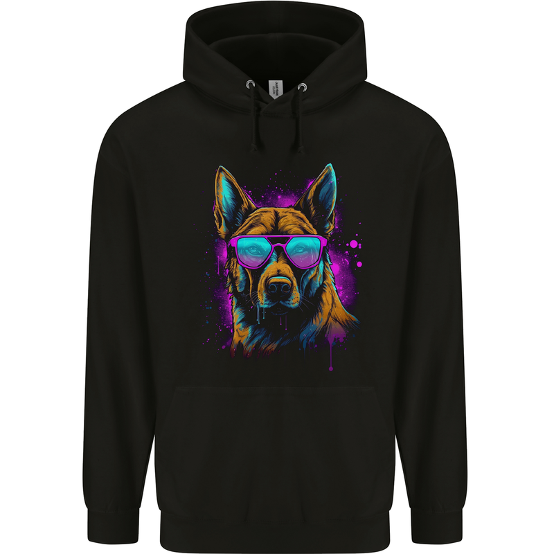 Retrowave German Shepherd Dog Childrens Kids Hoodie Black