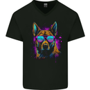 Retrowave German Shepherd Dog Mens V-Neck Cotton T-Shirt Black