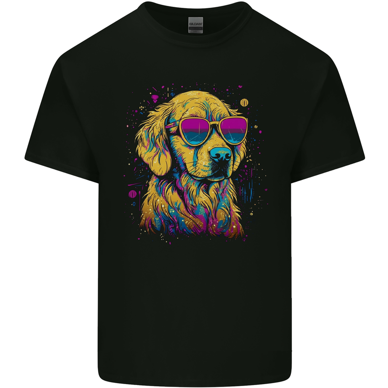 Retrowave Golden Retriever Dog Mens Cotton T-Shirt Tee Top Black