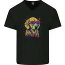 Retrowave Golden Retriever Mens V-Neck Cotton T-Shirt Black