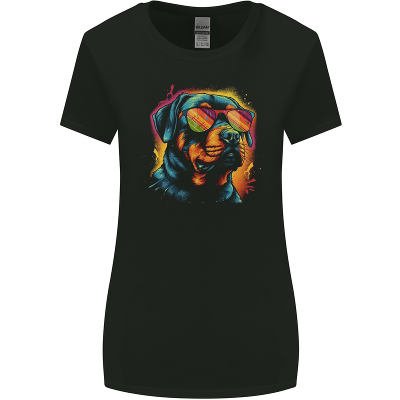 Retrowave Rottweiler Dog Womens Wider Cut T-Shirt Black