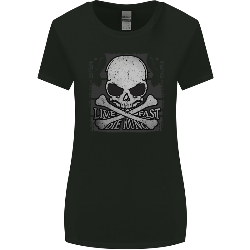 Ride Fast Biker Skull Motorcycle Guitars Rock Womens Wider Cut T-Shirt Black
