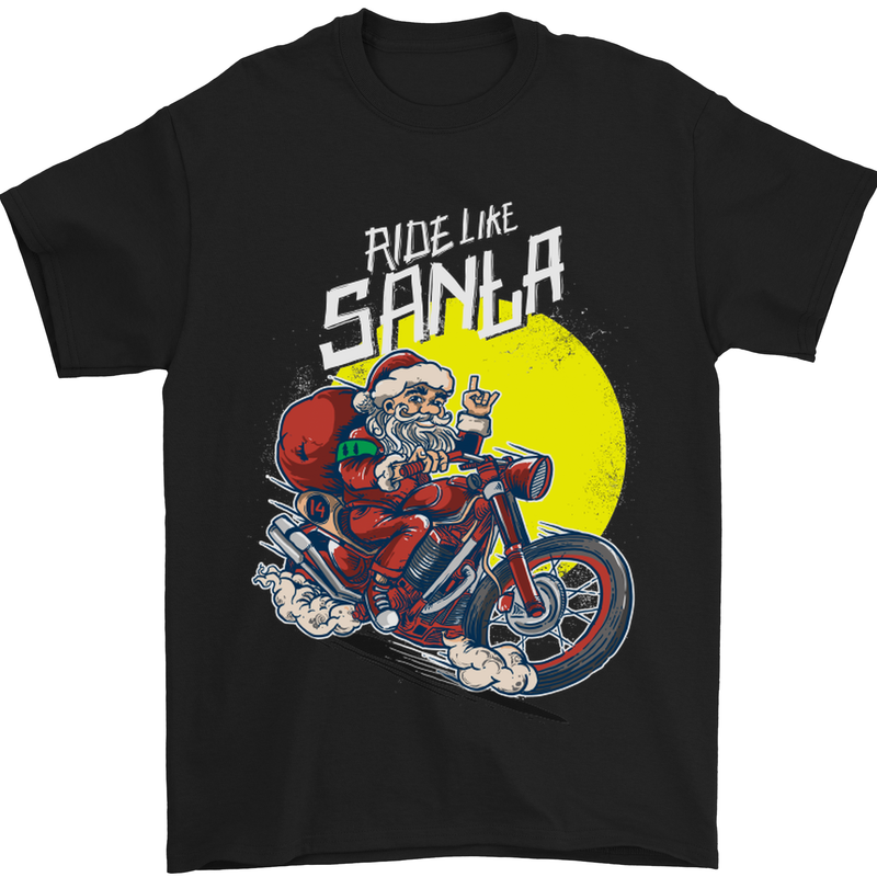 a black t - shirt with a santa riding a motorcycle