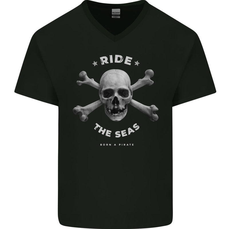 Ride the Seas Jolly Roger Skull Pirates Sailing Mens V-Neck Cotton T-Shirt Black