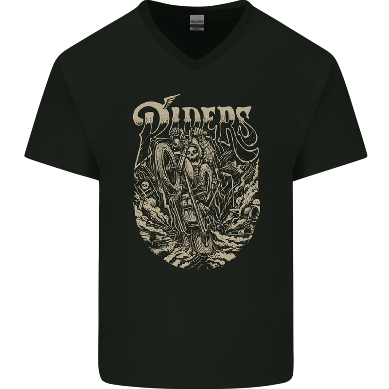 Riders Skull Biker Motorbike Motorcycle Mens V-Neck Cotton T-Shirt Black
